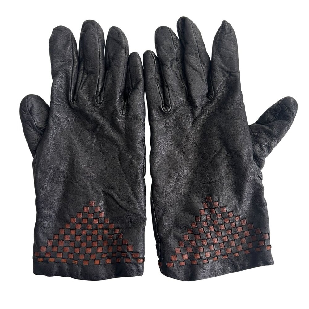 Genuine Italian Leather Women's Gloves W/ Woven Brown Accent & Cashmere Lining